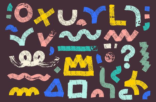 Set of abstract geometric colored shapes drawn with a bold brush. Design thick rough semicircles, circles. Template doodle grunge style elements wavy lines. Bold graffiti style geometric shapes