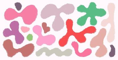 Liquid organic pastel pink color shapes, irregular forms set. Abstract uneven blots, organic amoeba blob shapes. Collection of psychedelic curvy forms, wavy figures. Design round blot elements. vector