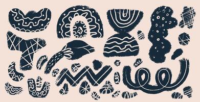 Set of kids abstract art shapes, doodle objects in grunge style. Hand drawn bold brush drawn blue decorative elements, zigzag, squiggly lines. Art naive playful shapes. illustration. vector