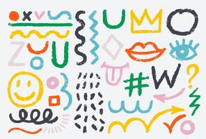 Brush drawn various abstract shapes, thick lines set. Curved geometric thick brush, squares, dots. Grunge colored circles, style graffiti eps shapes. Colorful bold with geometric figures. vector