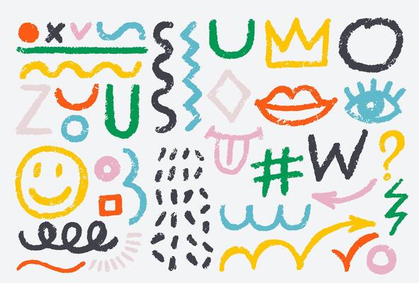 Brush drawn various abstract shapes, thick lines set. Curved geometric thick brush, squares, dots. Grunge colored circles, style graffiti eps shapes. Colorful bold with geometric figures.