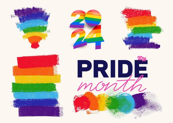 Big set 2024 LGBT pride month. Template logo, background, poster, postcard, banner design. LGBT flags are made by hand with a dry brush on canvas. illustration.