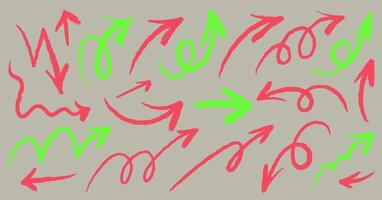 Set of red and green chalk arrows. Hand drawn charcoal symbols for hand drawn diagrams. Freehand different curved arrows, swirls, crosses, check marks. Template doodle marker drawing. vector