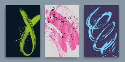 Set of bold brush stroke with splashes of paint texture. Hand drawn distress damaged edge template retro. Grainy design shape with small dots. Squiggle for posters, banner. Vintage background. vector