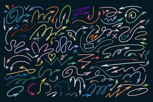 Colored group arrows and frames set. Hand drawn symbols for hand drawn diagrams. Freehand different curved colorful arrows, check marks, swirls, crosses for business. doodle marker drawing. vector