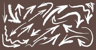 Set of white chalk arrows. Grunge hand drawn charcoal symbols for hand drawn diagrams. Freehand different curved arrows, swirls, crosses, check marks. Template doodle marker drawing. vector