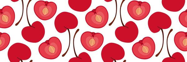 Red cherry Seamless pattern. Whole and one sliced in half showing pit. Spring garden background. Perfect for textile, menu, packaging, kitchen design. flat illustration. vector