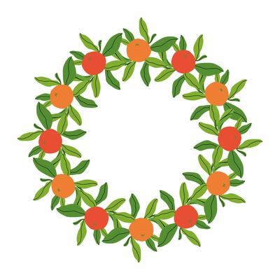 Beautiful yellow and red orange wreath with foliage. Round seasonal fruits border. Round tropical frame. Floral Summer background. For poster, banner, cover, invitation. flat illustration.