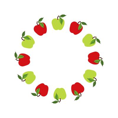 Simple red and green Apple wreath. Round seasonal fruits border. Garden decoration. Round apple frame. Floral wreath. Summer background For poster, banner, cover, invitation. flat illustration.