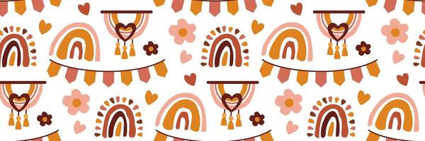 Boho seamless pattern with rainbows, hearts and macrame panel in brown and ochre colors on white background. For kids textile and wrapping paper, scrapbooking, packaging. flat illustration. vector