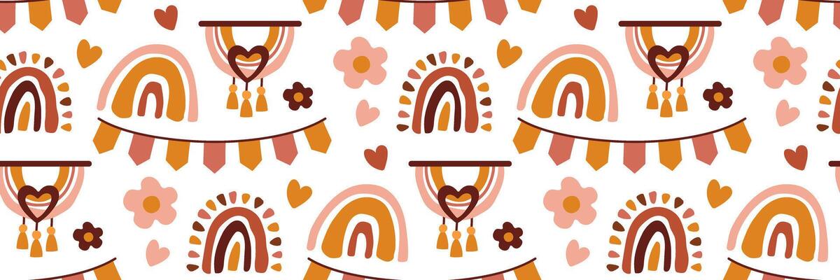 Boho seamless pattern with rainbows, hearts and macrame panel in brown and ochre colors on white background. For kids textile and wrapping paper, scrapbooking, packaging. flat illustration.