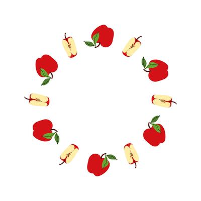 Red Apple wreath with whole and slice fruits. Round seasonal fruits border. Circle apple floral frame with leaves. Summer background For poster, banner, cover, invitation. flat illustration.