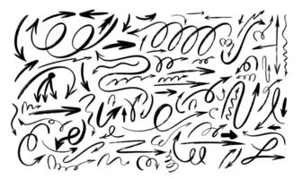 Big set of charcoal arrows icons. Black doodle marker drawing, black chalk smears. Scribbles and scrawls, direction pointers. Art Hand drawn freehand different curved lines, swirls arrows. vector