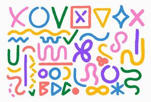 Set colorful various doodle grunge geometric loops, circles. Hand drawn brush drawn creative modern elements for collages, templates. Thick, bold wavy colored brush strokes, dots and loops. vector