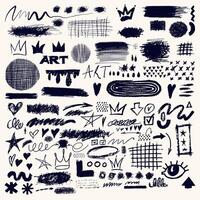 Big set of charcoal graffiti doodle punk and girly shapes. Template scribbles, scrawls, stars, crown, curly lines. hand drawn scribbles, squiggles, pencil drawn icons, creative various shapes. vector