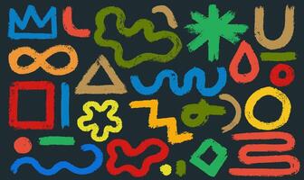 Colored various geometric brush strokes drawn shapes set. Crown, arrow, lightning, squiggles. Bold bright color old brush. Abstract vintage trendy element. Colorful geometric figures, objects. vector