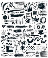 Big set of charcoal graffiti doodle punk and girly shapes. hand drawn scribbles, squiggles, pencil drawn icons, creative various shapes. Template scribbles, scrawls, stars, crown, curly lines. vector