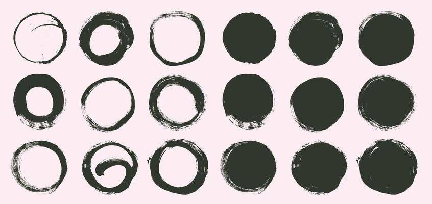 Set of dark grunge round shapes. Collection of brush strokes frames elements, frames for design. abstract shapes in doodle grunge style. Trend squiggles, circles, dots and wavy bold lines.