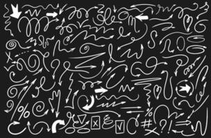 Set of group arrows and frames. Hand drawn white symbols swirls, crosses for hand drawn diagrams. Doodle marker drawing. freehand different curved arrows, circles and check marks. vector