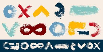 Hand drawn abstract shapes in doodle grunge style in multi colored. Playful doodle scribble circle colorful geometric elements. squiggles, asterisk, circles, dots, wavy lines, infinity sign. vector