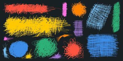 Set of charcoal pencil curly lines, squiggles and shapes. Grunge pen scribbles . Art hand drawn pencil lines, doodles. bright color charcoal or chalk drawing. Rough crayon strokes texture vector