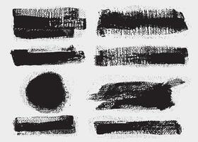 Set of glitch distorted brush stroke. Noise black destroyed logo. Grunge old textured distressed effect. Trendy defect error shapes. Glitch text frame. shapes with a canvas screen print texture vector