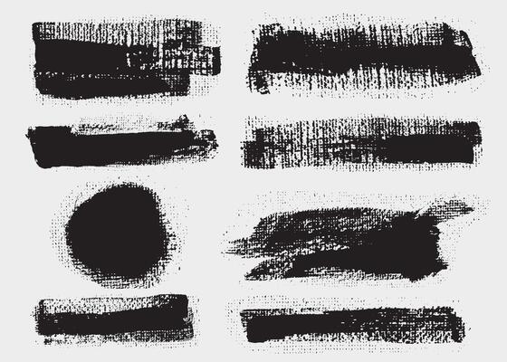 Set of glitch distorted brush stroke. Noise black destroyed logo. Grunge old textured distressed effect. Trendy defect error shapes. Glitch text frame. shapes with a canvas screen print texture