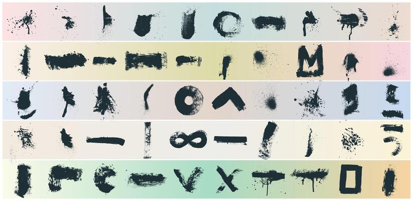 Big collection Grunge black design elements paint roller, brush strokes. Dirty artistic paint brush stroke, ink splash and grungy decoration elements. illustration. Freehand drawing.