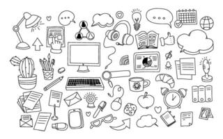 Cozy home office work. Big set outline doodles. Business, technology and communication, laptop with keyboard and mouse, office supplies and equipment. Isolated scribble on white background. vector
