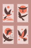 Set of postage stamps with minimalistic abstract birds in retro colors flat illustration. vector