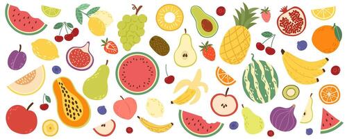 Big set of fruits and berries on a white background. A set of cute fruits simple colorful, flat hand drawn childish doodle style vector