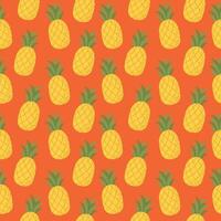 Seamless pattern with pineapple on red-orange background illustration. Cute fruit print. vector