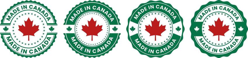 Green Made in Canada seal stamp collection featuring red maple leaf icons for authentic Canadian product labeling and national branding identity vector