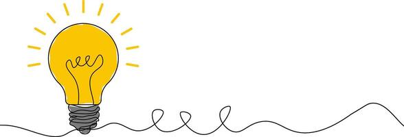 Creative bright idea concept with yellow light bulb in continuous line art style vector