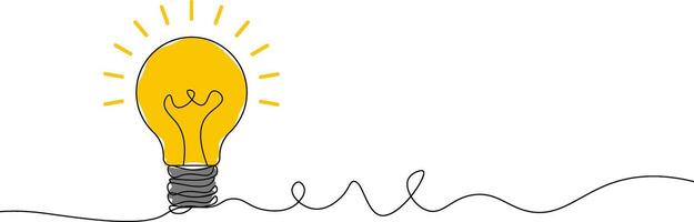 Creative bright idea concept with yellow light bulb in continuous line art style isolated on white background representing innovation inspiration imagination and energy vector