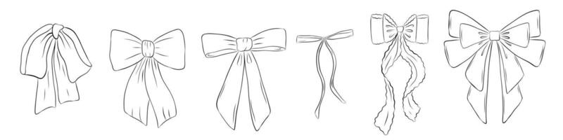 Set of bows in retro style. Doodle outline bow vector