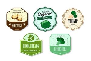 Different retro vegetables banner and labels. Packaging tags with shiitake, fiddleheads, turnip, broccoli. Set of seasonal vegetables labels stickers and marks or badges template for packaging vector