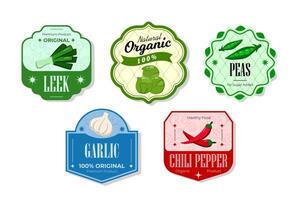 Different retro vegetables banner and labels. Packaging tags with chili, garlic, leek, peas. Set of seasonal vegetables labels stickers and marks or badges template for packaging vector