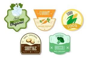 Retro fruits banner and labels. Different juices stickers. Packaging tags with carrot, corn, shiitake, broccoli. Set of seasonal fruits labels stickers and marks or badges template for packaging vector