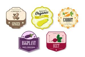 Different retro vegetables banner and labels. Packaging tags with ginger, beet, eggplant, carrot. Set of seasonal vegetables labels stickers and marks or badges template for packaging vector
