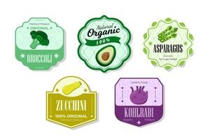 Different retro vegetables banner and labels. Packaging tags with broccoli, zucchini, kohlrabi, asparagus. Set of seasonal vegetables labels stickers and marks or badges template for packaging vector