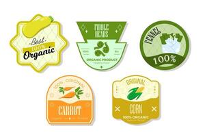 Retro fruits banner and labels. Different juices stickers. Packaging tags with fennel, corn, fiddleheads, carrot. Set of seasonal fruits labels stickers and marks or badges template for packaging vector