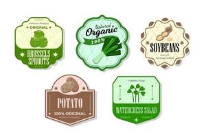 Different retro vegetables banner and labels. Packaging tags with potato, soybeans, watercress, brussels sprouts. Set of seasonal vegetables labels stickers and marks or badges template for packaging vector