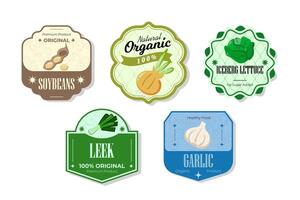 Different retro vegetables banner and labels. Packaging tags with soybeans, leek, garlic,iceberg. Set of seasonal vegetables labels stickers and marks or badges template for packaging vector