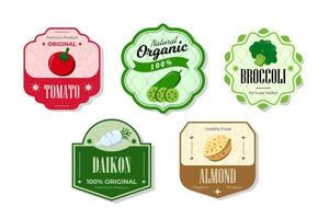 Different retro vegetables banner and labels. Packaging tags with tomato, daikon, almond, broccoli. Set of seasonal vegetables labels stickers and marks or badges template for packaging vector