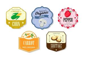 Different retro vegetables banner and labels. Packaging tags with corn, carrot, shiitake, pepper. Set of seasonal vegetables labels stickers and marks or badges template for packaging vector