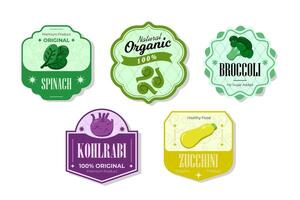 Different retro vegetables banner and labels. Packaging tags with kohlrabi, spinach, broccoli, zucchini. Set of seasonal vegetables labels stickers and marks or badges template for packaging vector