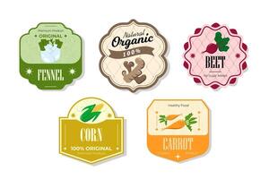 Different retro vegetables banner and labels. Packaging tags with fennel, corn, carrot, beet. Set of seasonal vegetables labels stickers and marks or badges template for packaging vector
