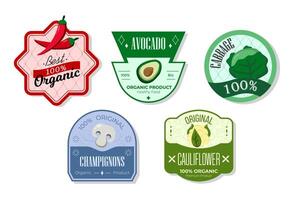 Retro fruits banner and labels. Different juices stickers. Packaging tags with champignons,cauliflower,cabbage,avocado. Set of seasonal fruits labels stickers and mark or badges template for packaging vector