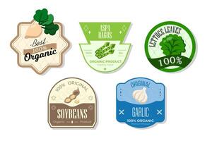 Retro fruits banner and labels. Different juices stickers. Packaging tags with asparagus, lettuce, soybeans, garlic. Set of seasonal fruits labels stickers and marks or badges template for packaging vector